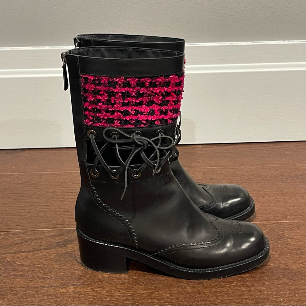 Chanel Women’s Black Leather Corset Lace and Pink Tweed Boots Size 38.5 /8.5