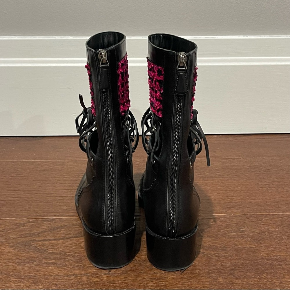 Chanel Women’s Black Leather Corset Lace and Pink Tweed Boots Size 38.5 /8.5