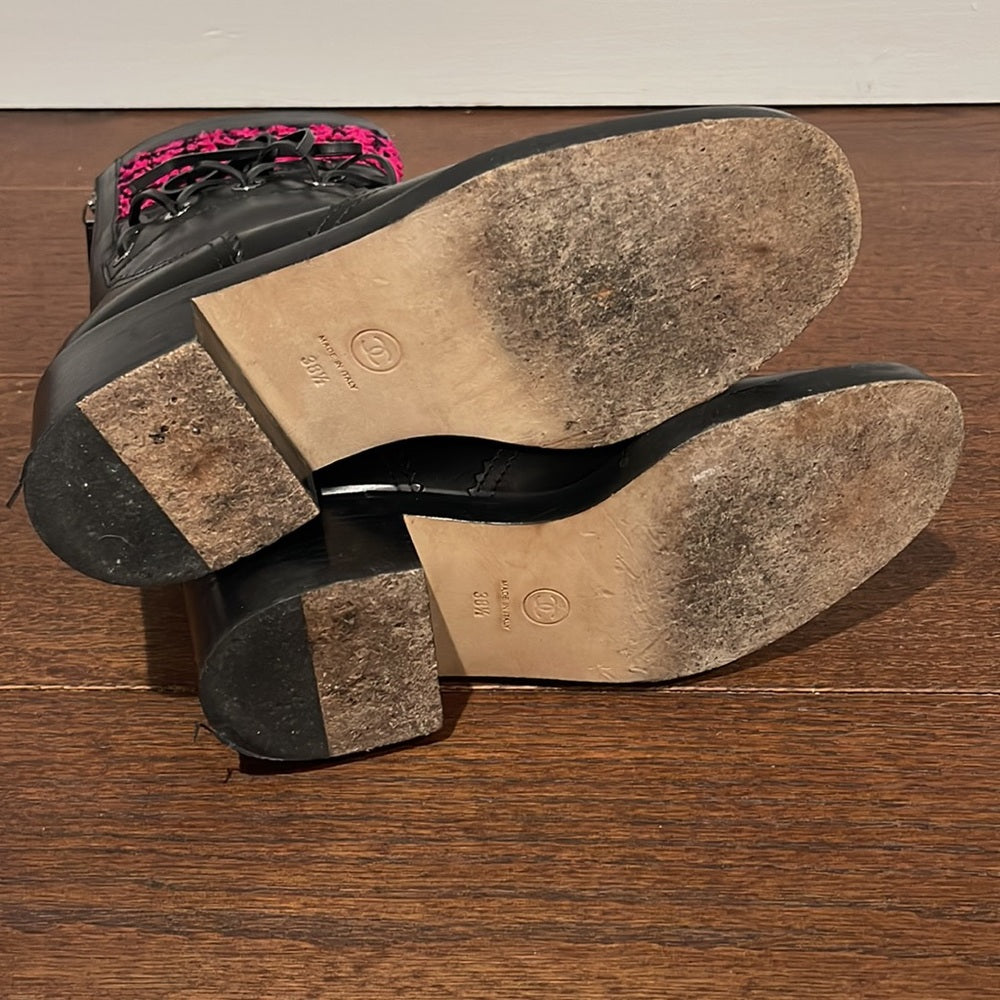 Chanel Women’s Black Leather Corset Lace and Pink Tweed Boots Size 38.5 /8.5