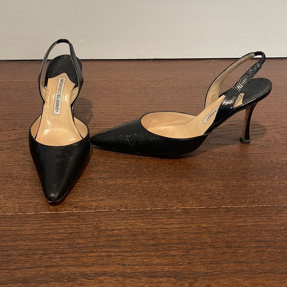 Manolo Blahnik Women’s Black Snakeskin Sling Backs Size 38.5/8.5
