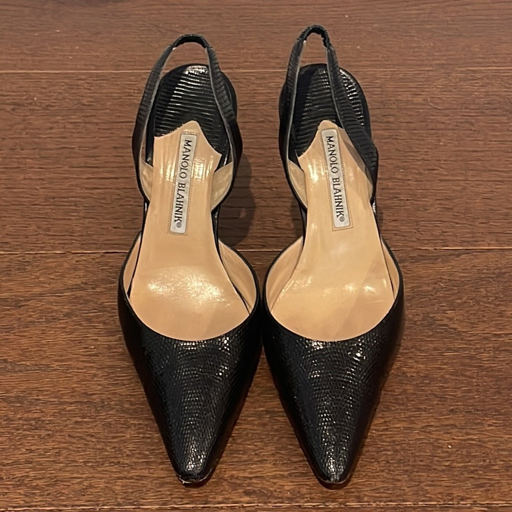 Manolo Blahnik Women’s Black Snakeskin Sling Backs Size 38.5/8.5