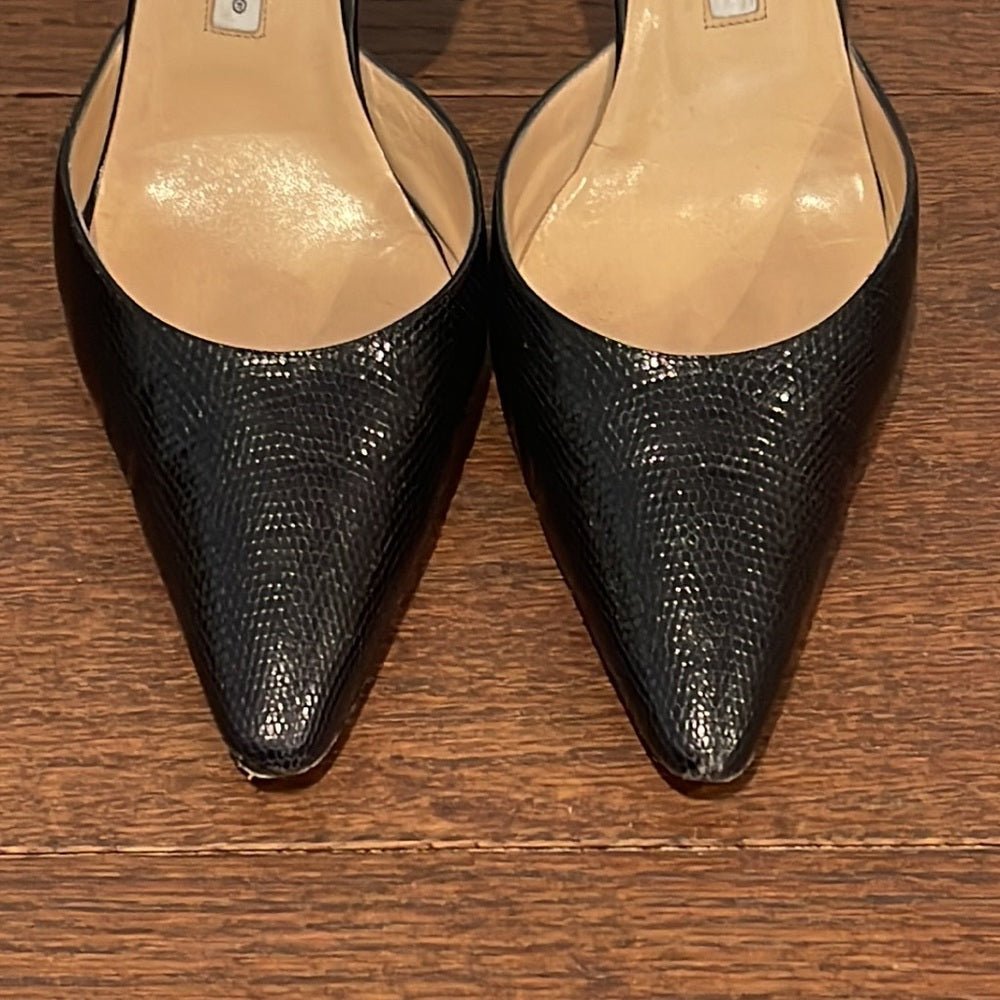 Manolo Blahnik Women’s Black Snakeskin Sling Backs Size 38.5/8.5