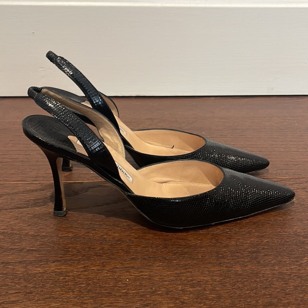 Manolo Blahnik Women’s Black Snakeskin Sling Backs Size 38.5/8.5