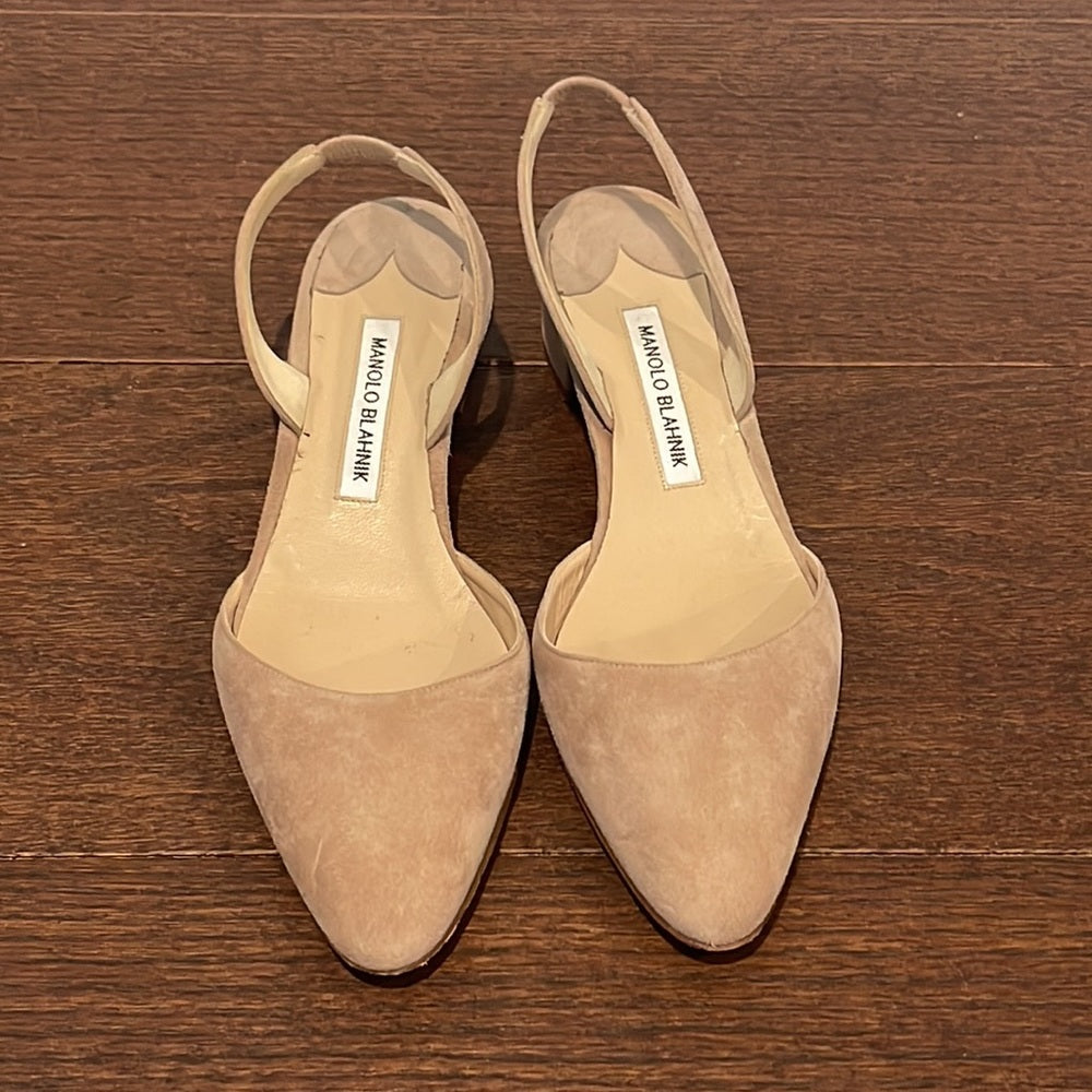 Manolo Blahnik Beige Blush Suede Low Heel Sling Backs Size 39/9