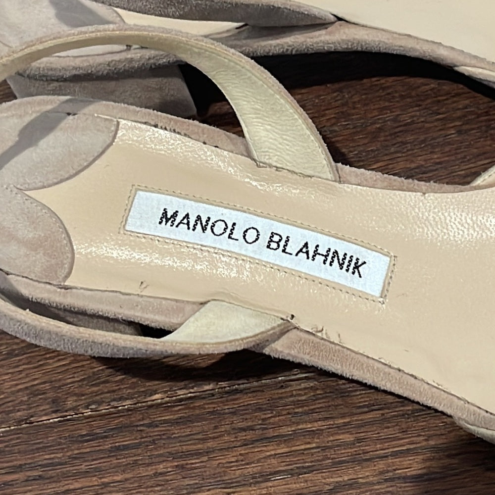 Manolo Blahnik Beige Blush Suede Low Heel Sling Backs Size 39/9