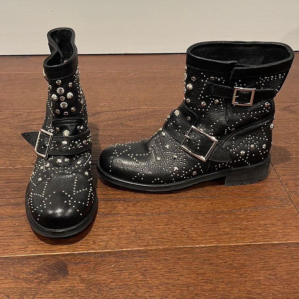 Jimmy Choo Women’s Black Youth Star-Studded Leather Moto Boots Size 37/7