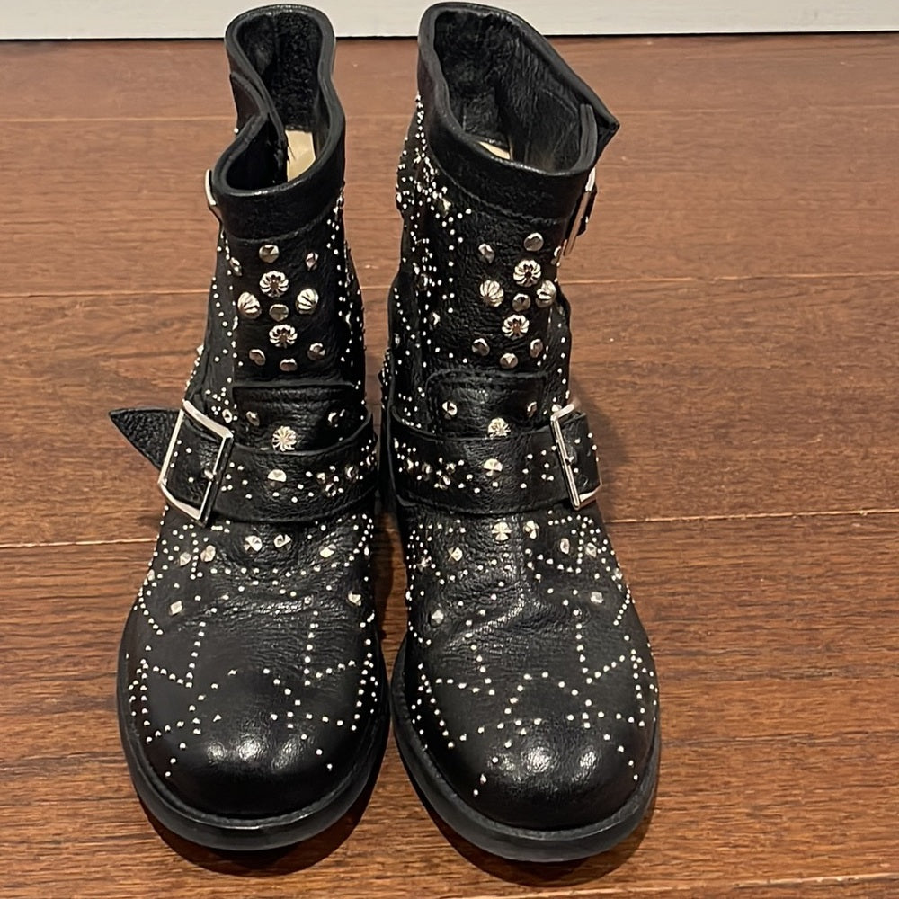 Jimmy Choo Women’s Black Youth Star-Studded Leather Moto Boots Size 37/7