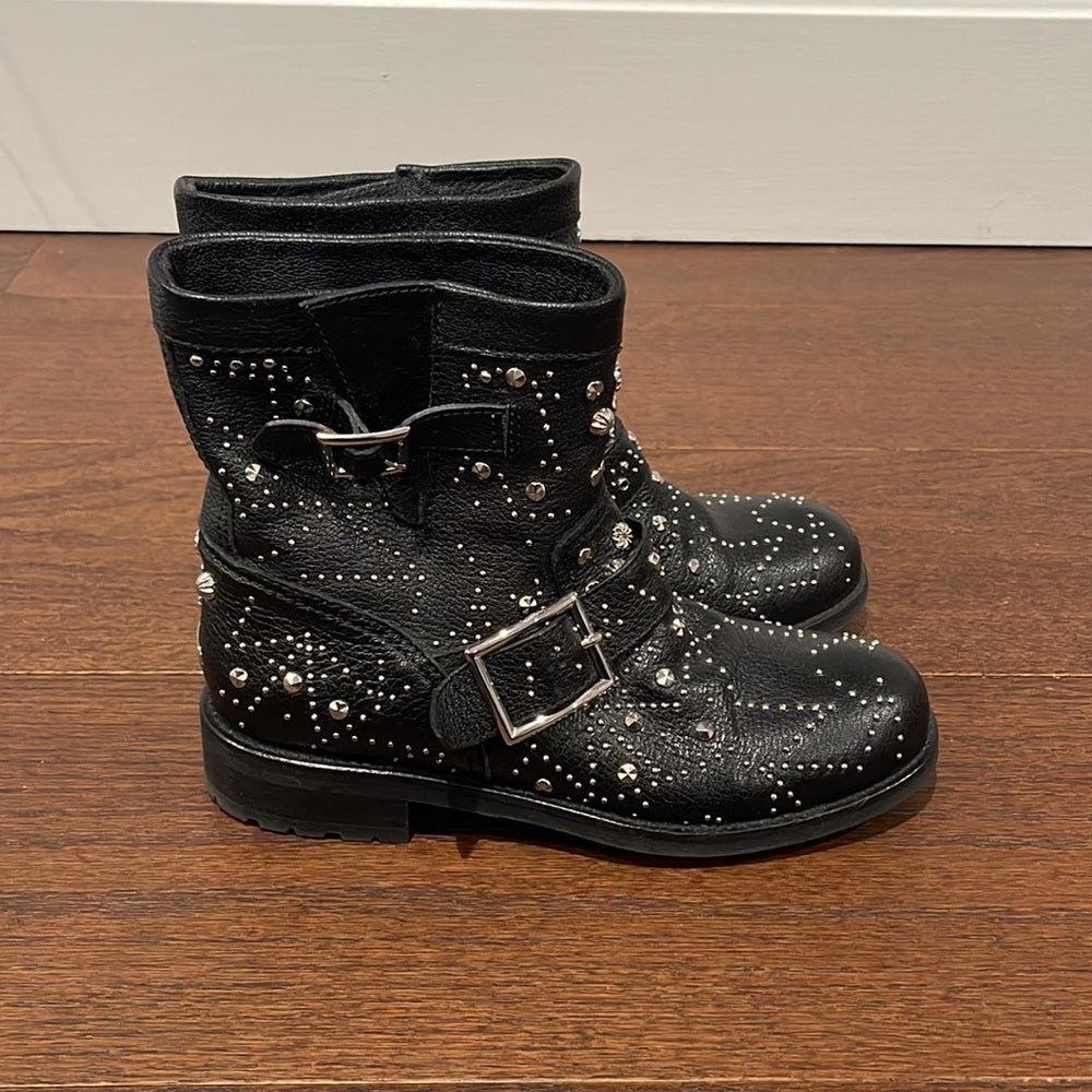 Jimmy Choo Women’s Black Youth Star-Studded Leather Moto Boots Size 37/7