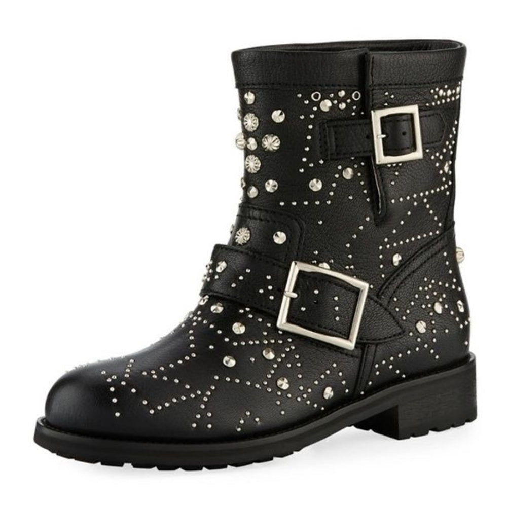 Jimmy Choo Women’s Black Youth Star-Studded Leather Moto Boots Size 37/7
