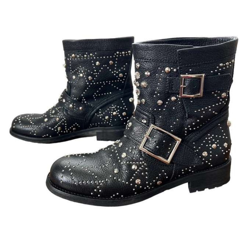 Jimmy Choo Women’s Black Youth Star-Studded Leather Moto Boots Size 37/7