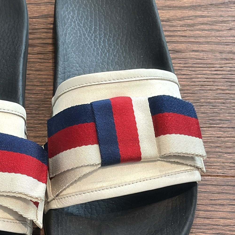 Gucci Tricolor Satin and Canvas Web Bow Slides Size 41