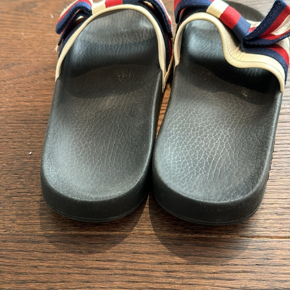 Gucci Tricolor Satin and Canvas Web Bow Slides Size 41