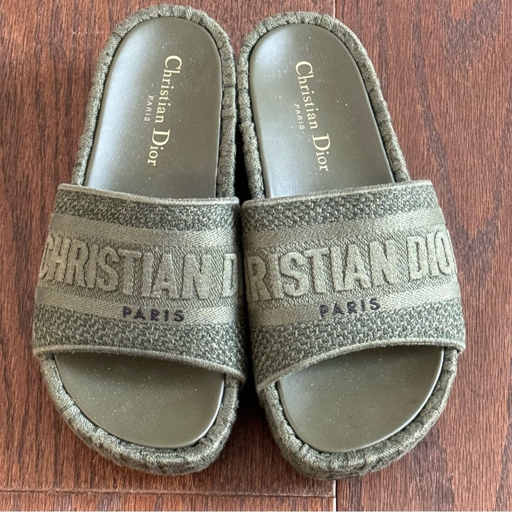 Dior Oblique D-Way Green Denim Platform Slides Size 36