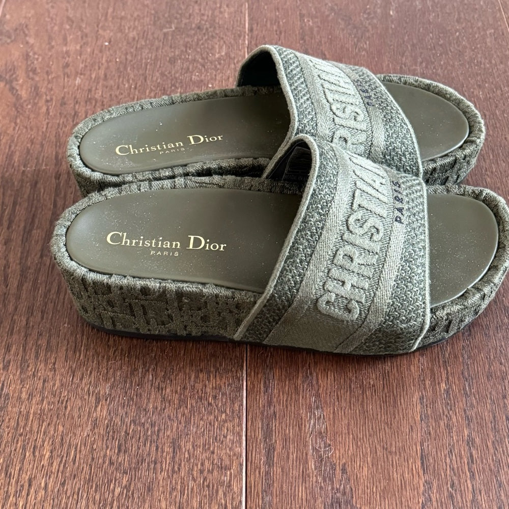 Dior Oblique D-Way Green Denim Platform Slides Size 36