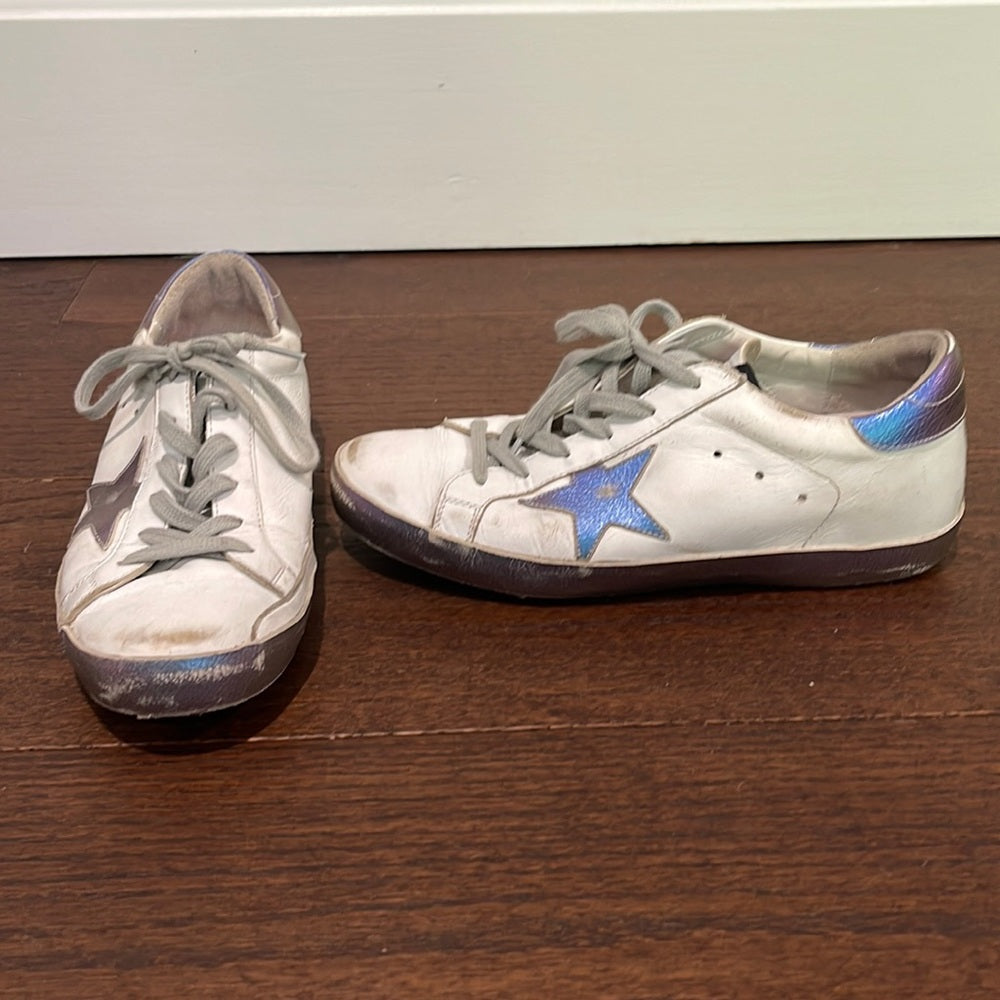 Golden Goose Women’s White Sneakers with Purple Design Size 38/8