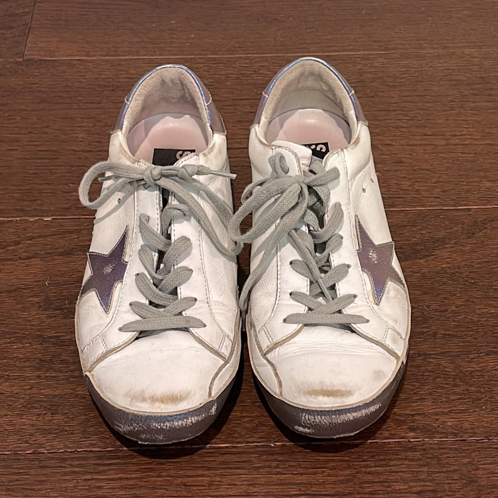 Golden Goose Women’s White Sneakers with Purple Design Size 38/8