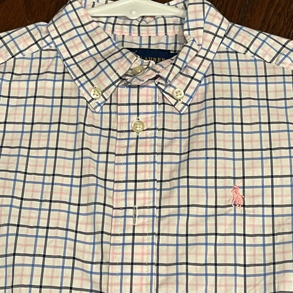 RALPH Lauren boys Button Down White with Pink and Blue Check Size 5