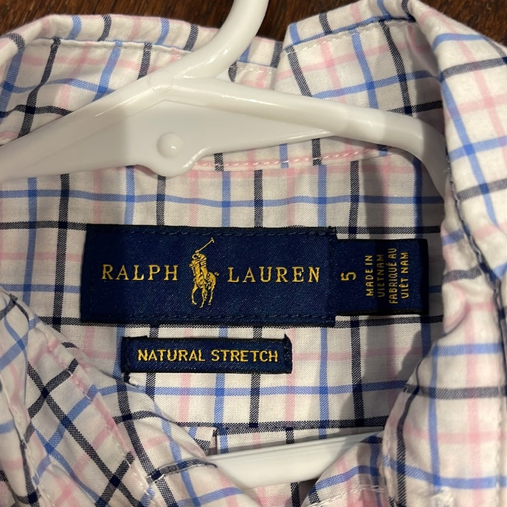 RALPH Lauren boys Button Down White with Pink and Blue Check Size 5