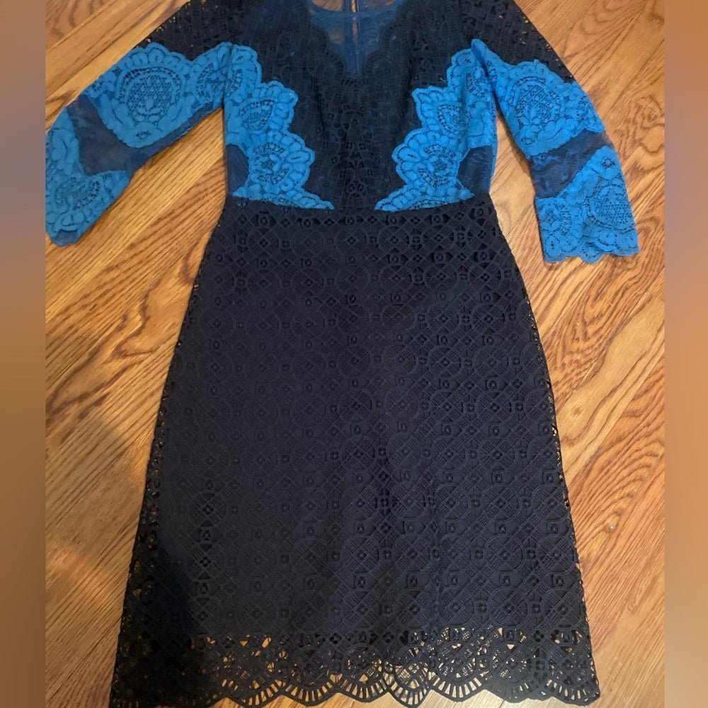 SANDRO Black and Blue Lace Design Dress