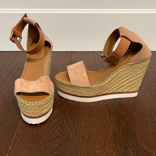 See by Chloe Women Glynn light Pink Suede Platform Wedge Espadrille Sandal 37/7