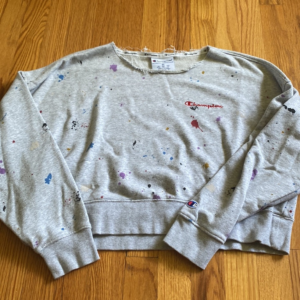 Champion paint splatter gray distressed sweatshirt size XS