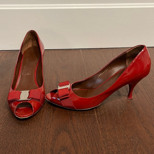 Salvatore Ferragamo Deep Red Patent Leather Peep Toe Pumps Size 8