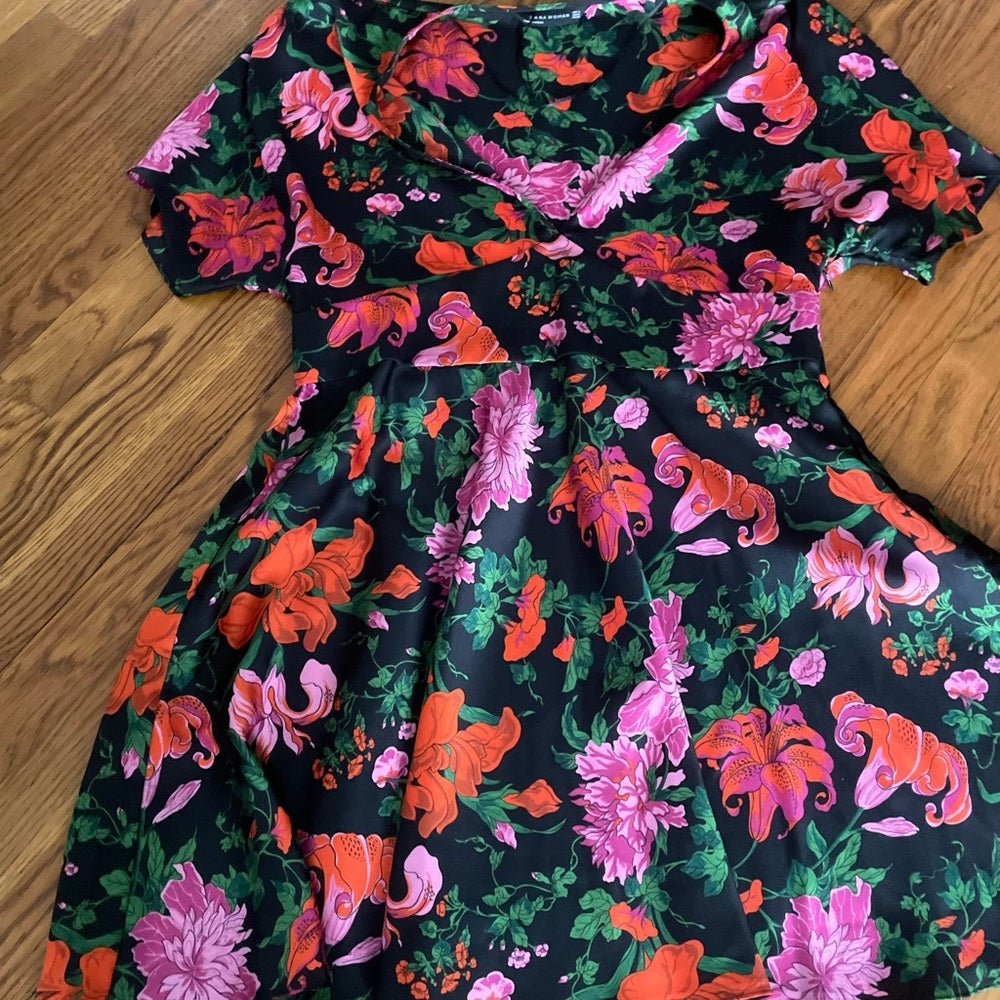 Zara Woman Red and Pink Floral V-Neck Dress Size XL