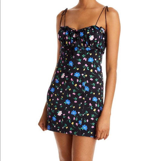 NWT For Love & Lemons Black Robin Floral Denim Mini Dress Size XS