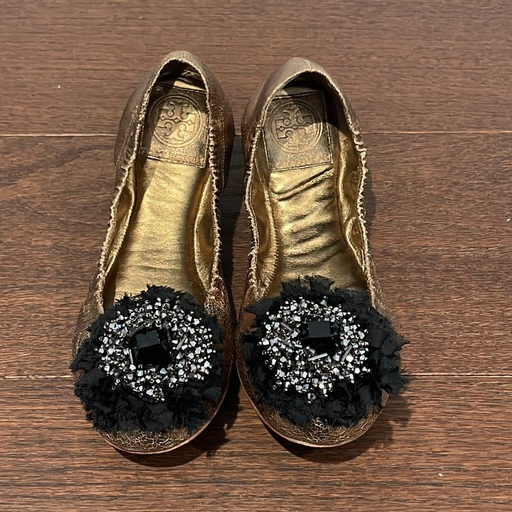 Tory Burch Women’s Gold and Black Ballet Flats Size 7.5
