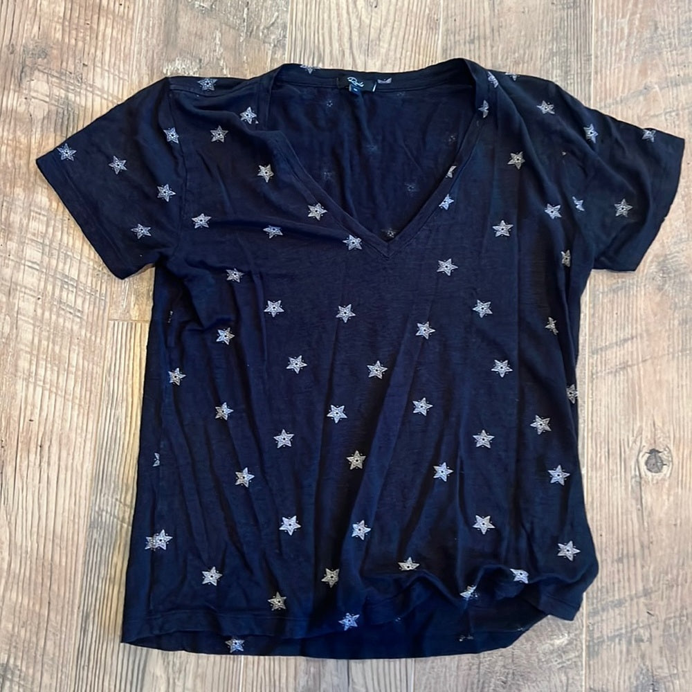 Rails Woman’s Black V Neck Star Design T-shirt Size Medium