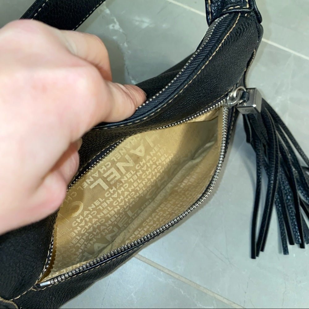 CHANEL Black Leather Fringe Handbag