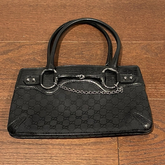 Gucci Black GG Canvas and Leather Horsebit Chain Tote