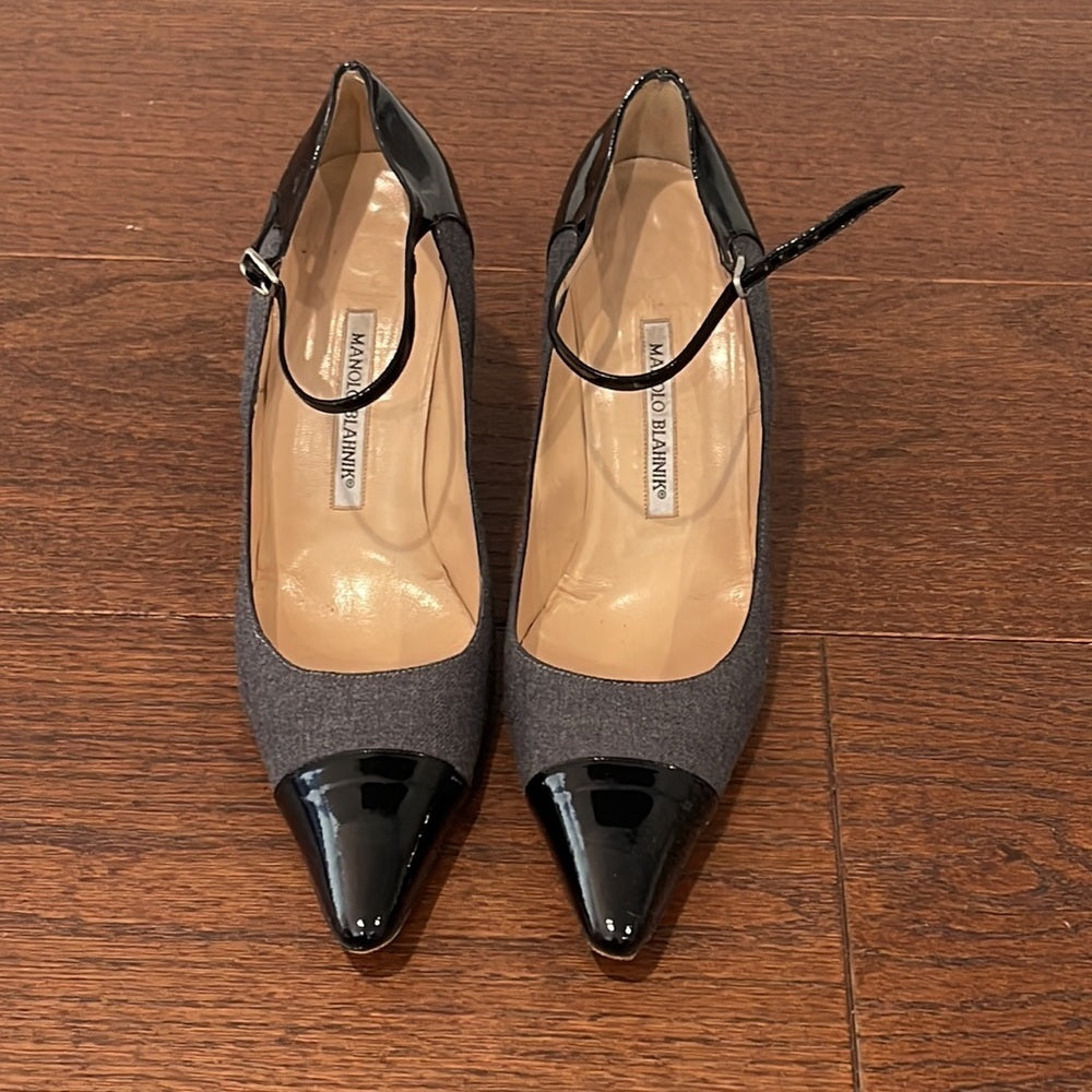 Manolo Blahnik Women’s Grey and Black Patent Mary Jane Heels Size 41/11