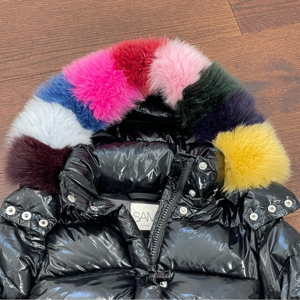 SAM Girls Black Annabelle Rainbow Fox Fur-Trim Down Hooded Puffer Jacket Size 4