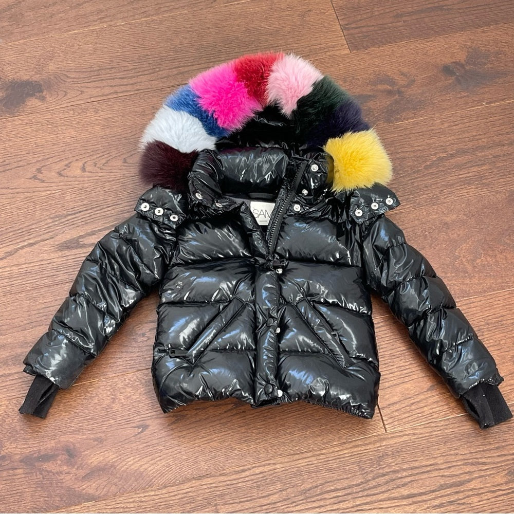 SAM Girls Black Annabelle Rainbow Fox Fur-Trim Down Hooded Puffer Jacket Size 4