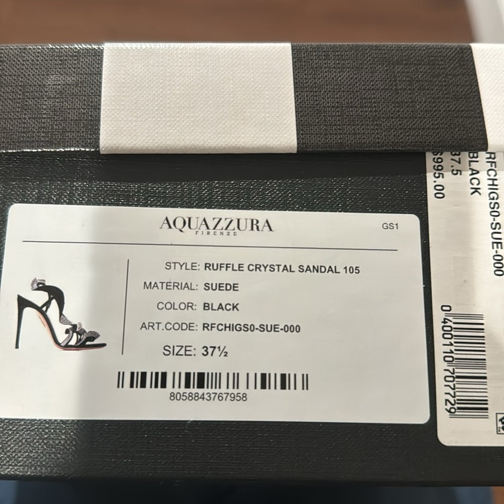 NWT Aquazzura Ruffle Black Suede Crystal Sandal Size 37.5/7.5