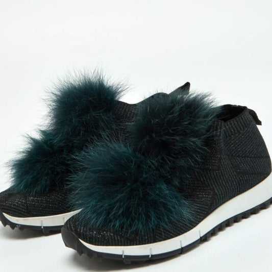 Jimmy Choo Deep Green Knit & Fur Pom Pom Norway Slip On Sneakers Size 37.5/7.5