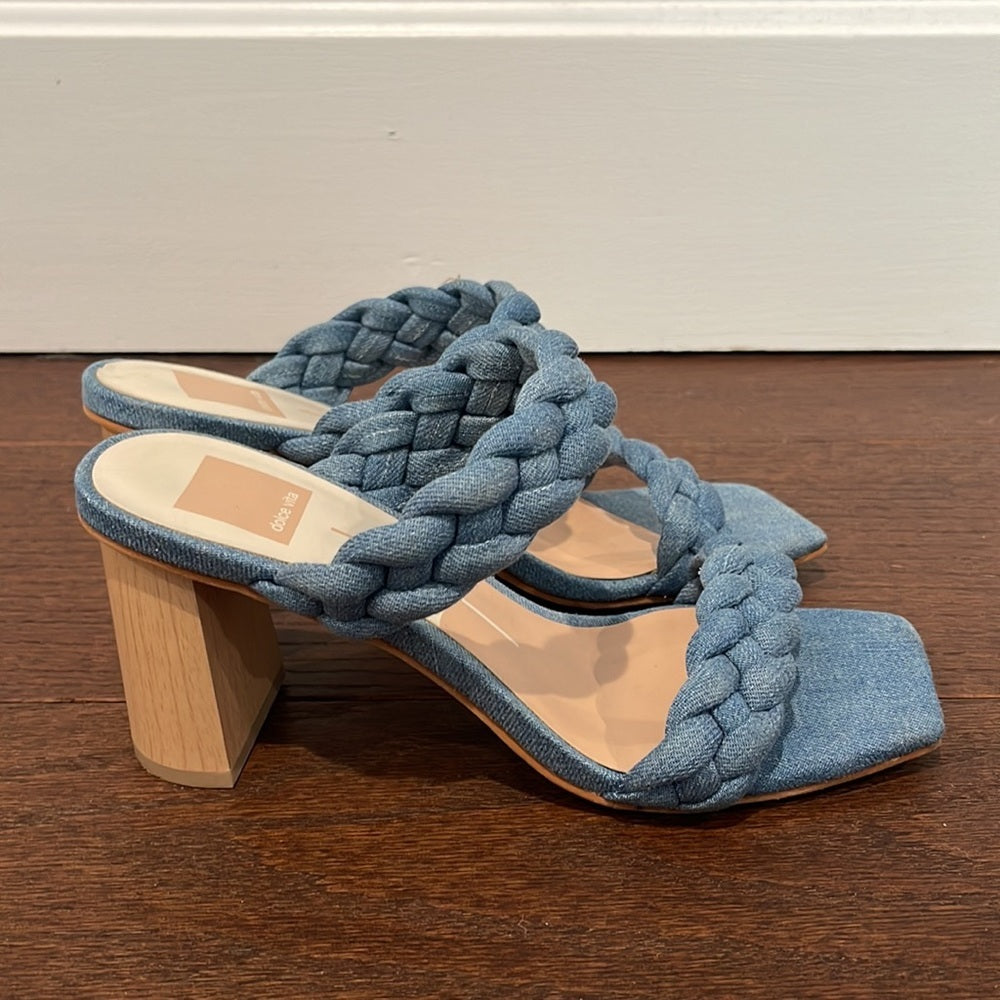 Dolce Vita Women's Denim Paily Braided Double Strap High Heel Sandals Size 7.5