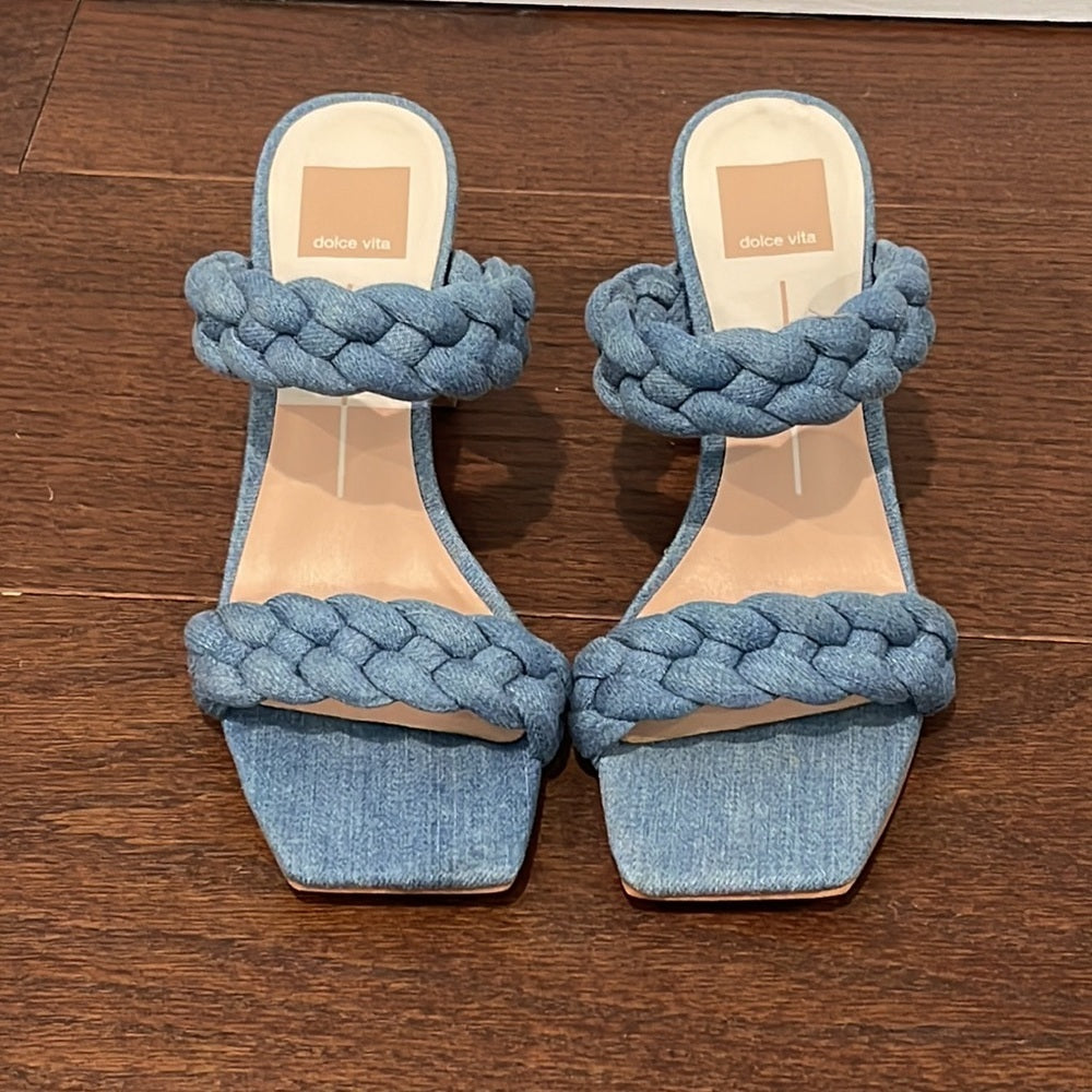 Dolce Vita Women's Denim Paily Braided Double Strap High Heel Sandals Size 7.5