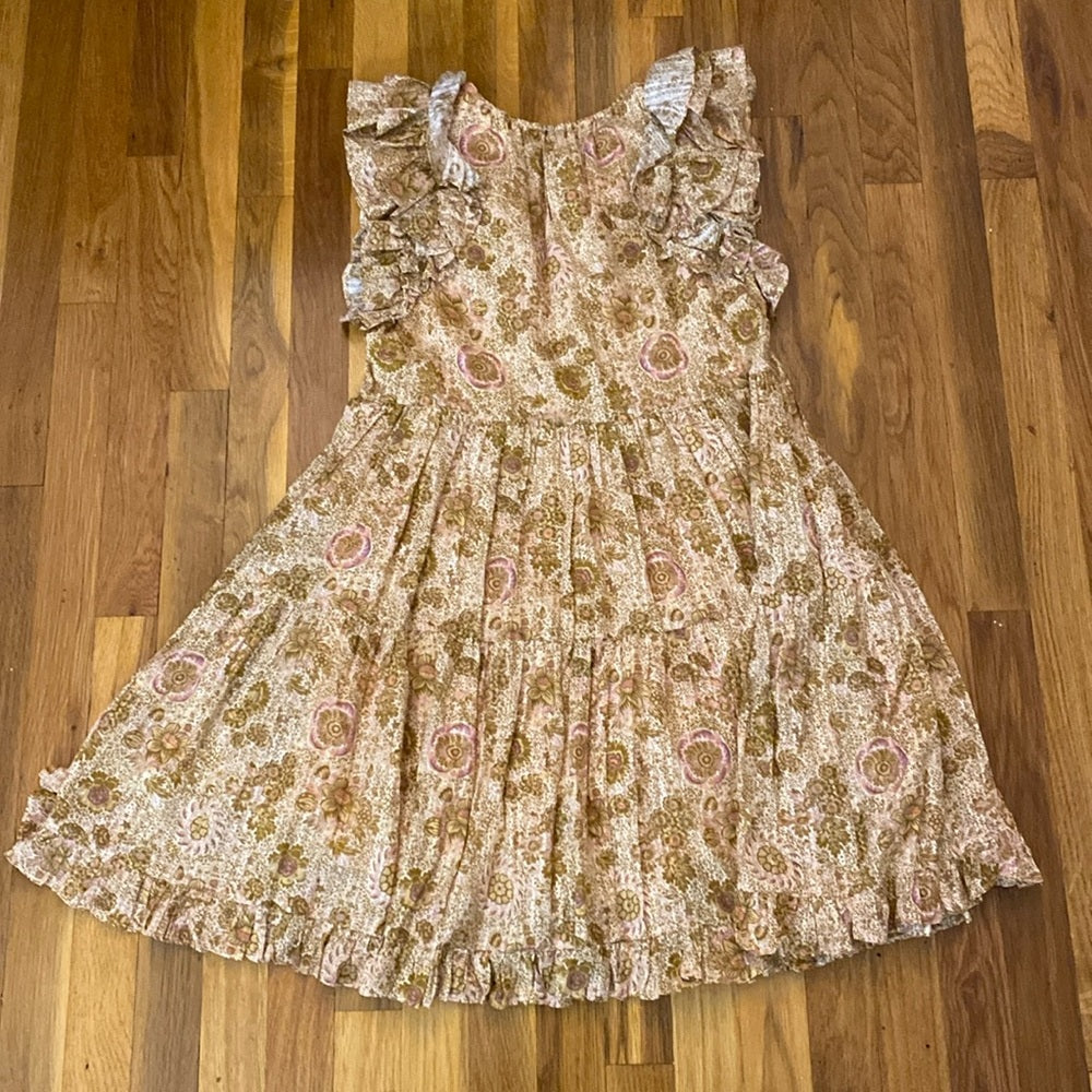 Ulla Johnson Women’s Tan and Pink Floral Print Dress With Ruffle Sleeves Size 2