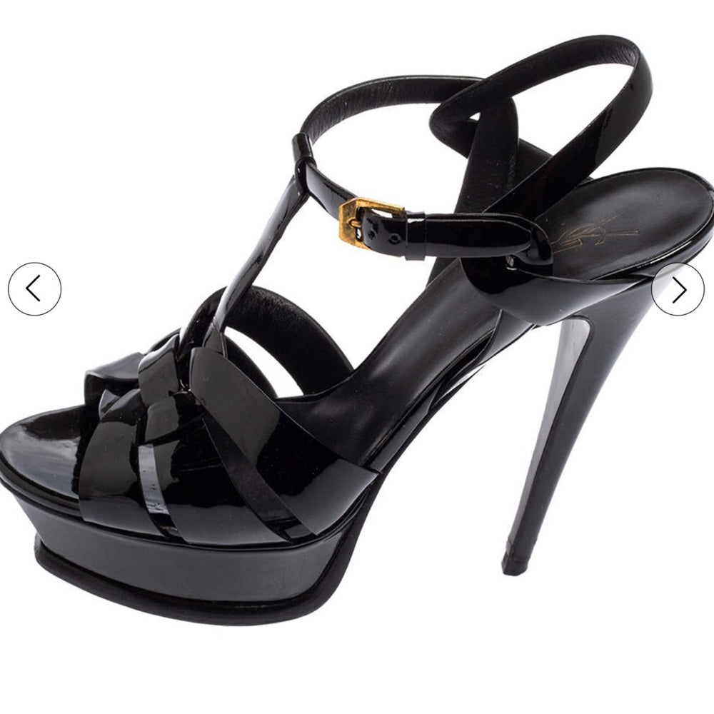 Yves Saint Laurent Women’s Black Patent Leather Tribute Platform Sandal Size 7.5