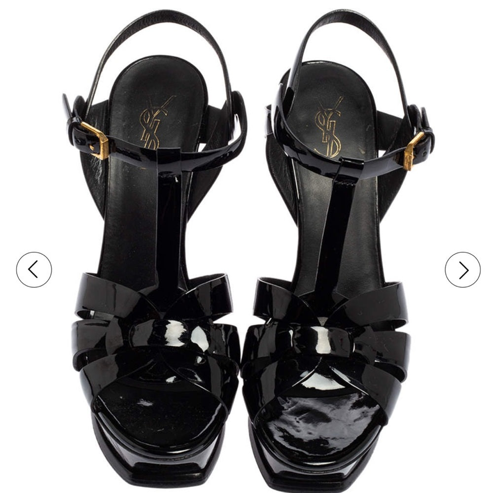 Yves Saint Laurent Women’s Black Patent Leather Tribute Platform Sandal Size 7.5