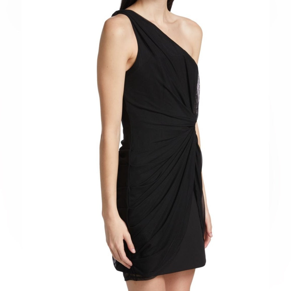 Cinq a Sept Women’s Etty Gathered Mesh Black Asymmetrical Dress Size 10