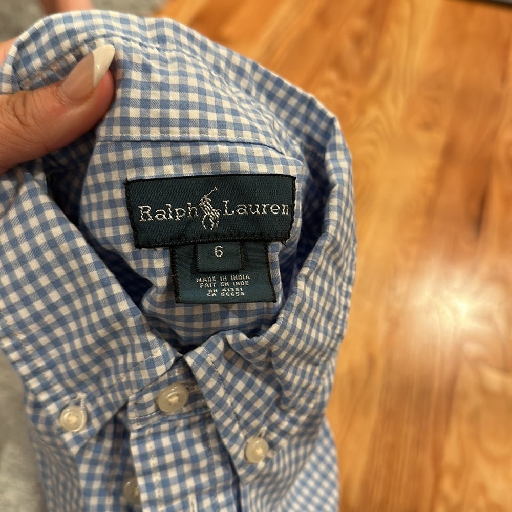 Boys Ralph Lauren Button Down Shirt. Size 6. Blue and White Striped Pattern.