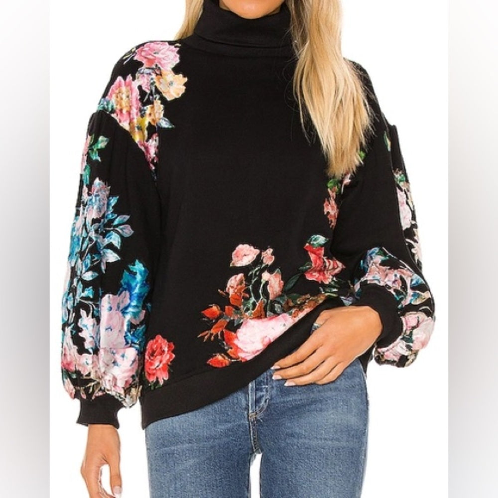 Hemant & Nandita Woman’s Black Floral Turtleneck Sweatshirt Size XS