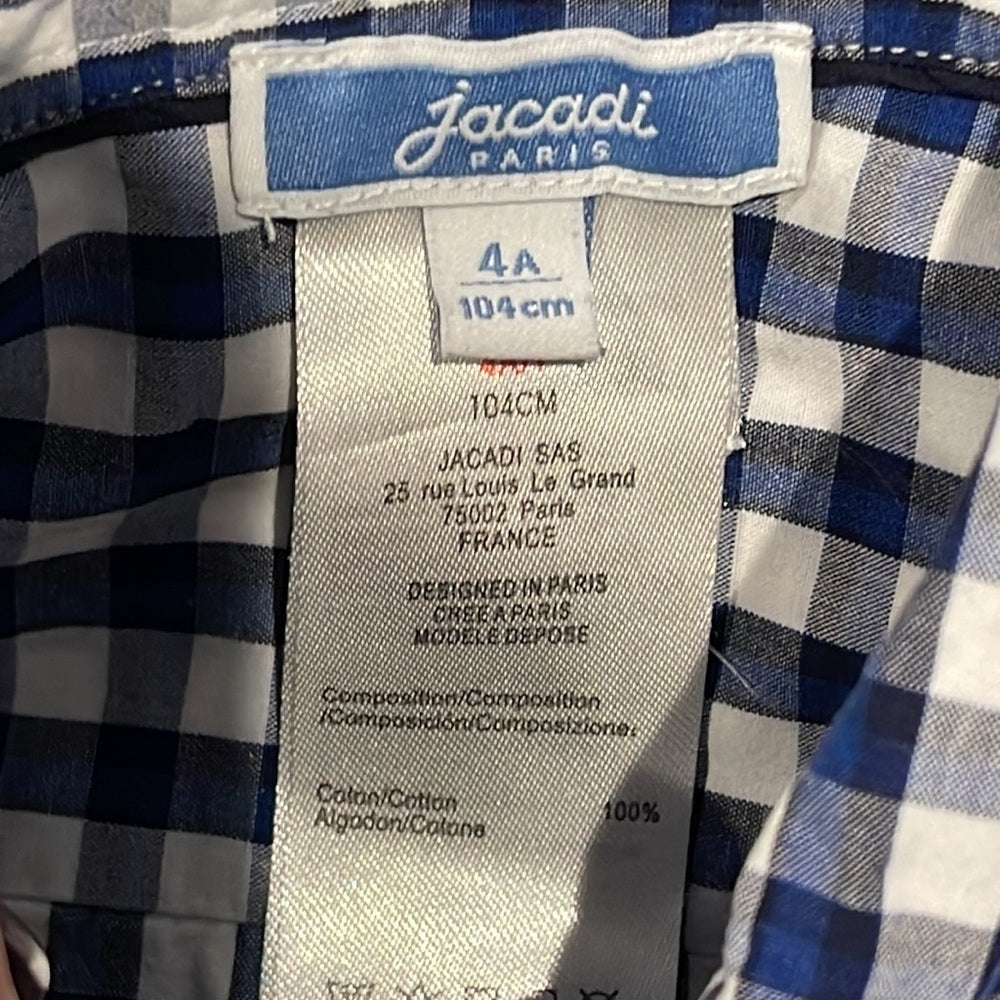 JACADI Boys Blue and White Check Button Down Shirt Size 4