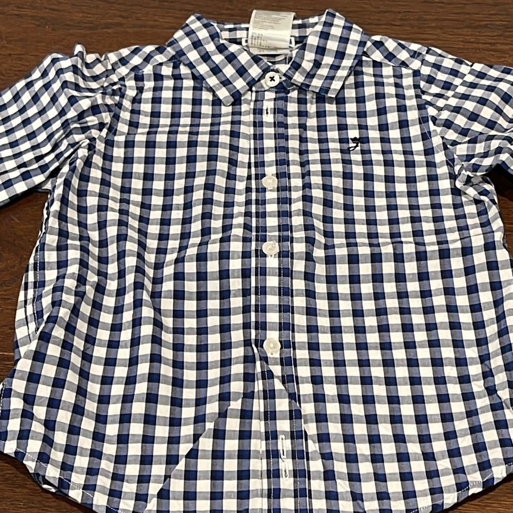 JACADI Boys Blue and White Check Button Down Shirt Size 4