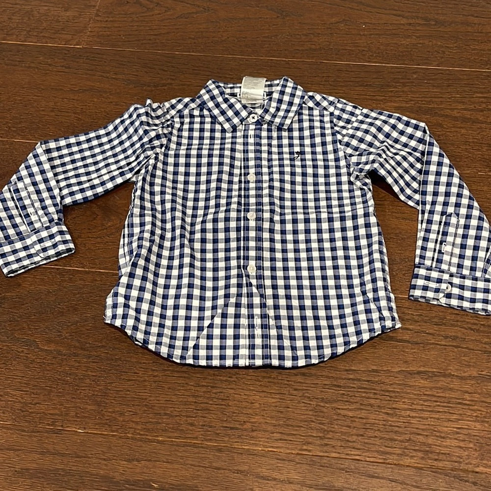 JACADI Boys Blue and White Check Button Down Shirt Size 4