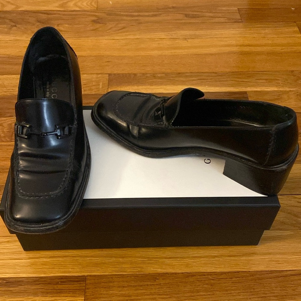 Gucci Women’s Black Horsebit Block Heel Loafers Size 37.5