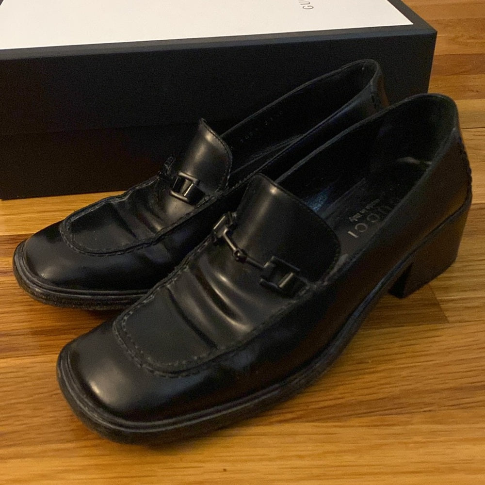 Gucci Women’s Black Horsebit Block Heel Loafers Size 37.5